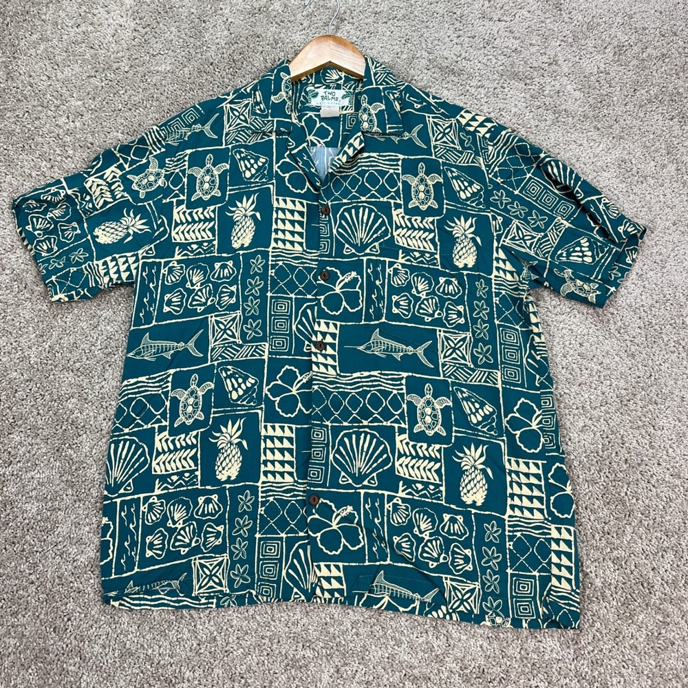 Two Palms Button Down Shirt Men Medium Teal Short Sleeve Tropical Print Hawaiian